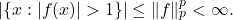 |\{x:|f(x)|>1\}| \leq \|f\|_p^p < \infty.